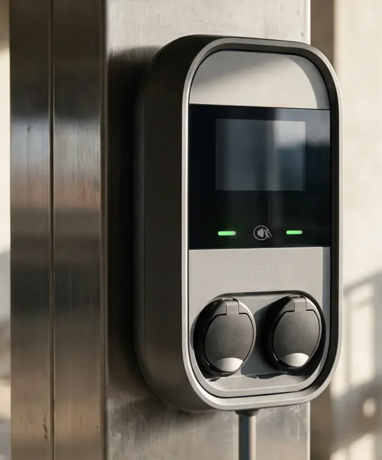 Peblar Dual laadstation met twee laadpunten aan een muur